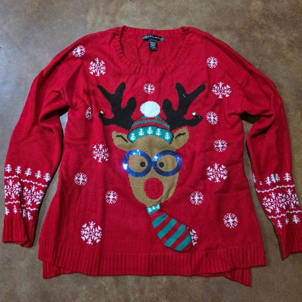Nerd Ugly Christmas Sweater United States Sweater Glasses & Tie Bells Sz LG